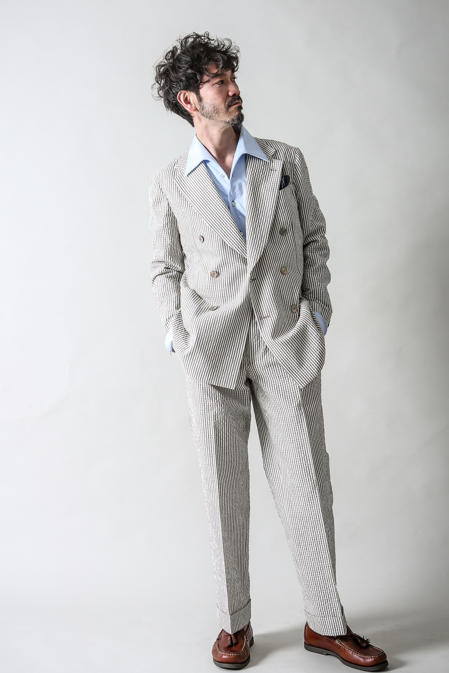 シアサッカーWセットアップ｜ホワイト×グレージュ